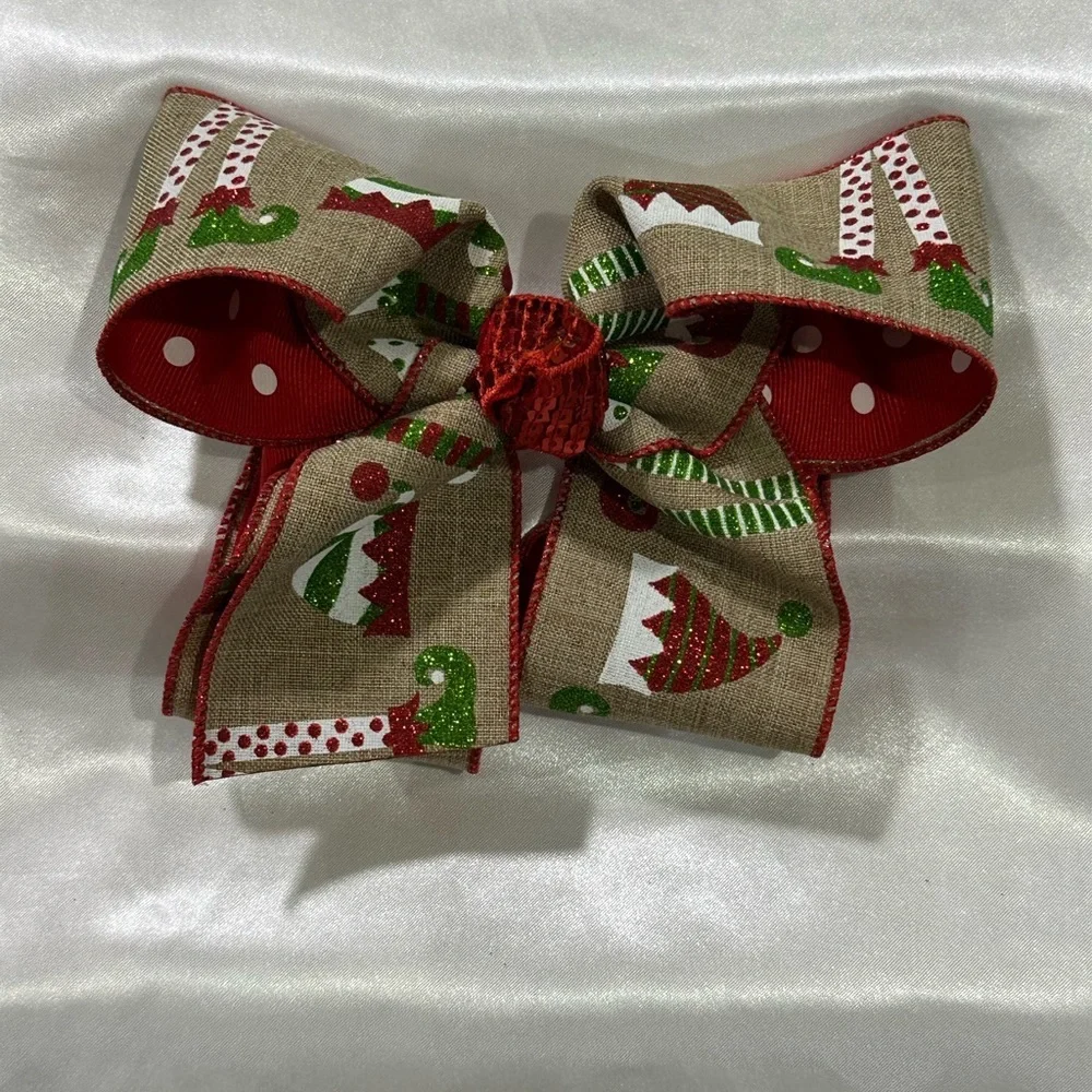 Holiday Elf Print Red & Tan Hair Bow. Bundle 2+ for savings on shipping costs